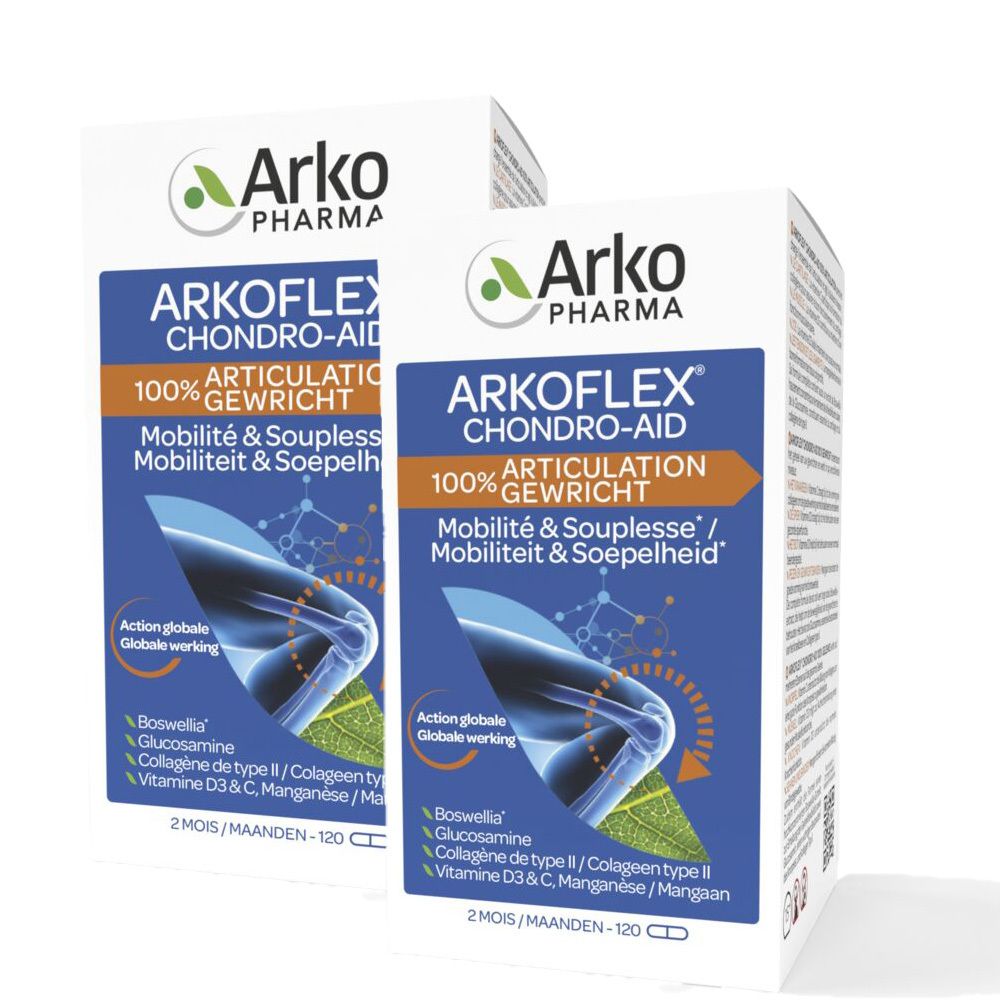 Deux boîtes blanches Arkoflex Chondro-Aid. Éléments bleus et orange. Informations produit.