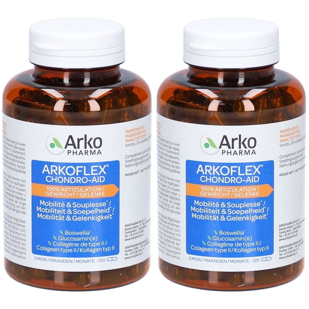 Deux flacons bruns Arkoflex Chondro-Aid. Étiquettes bleues avec informations produit. Bouchons blancs.