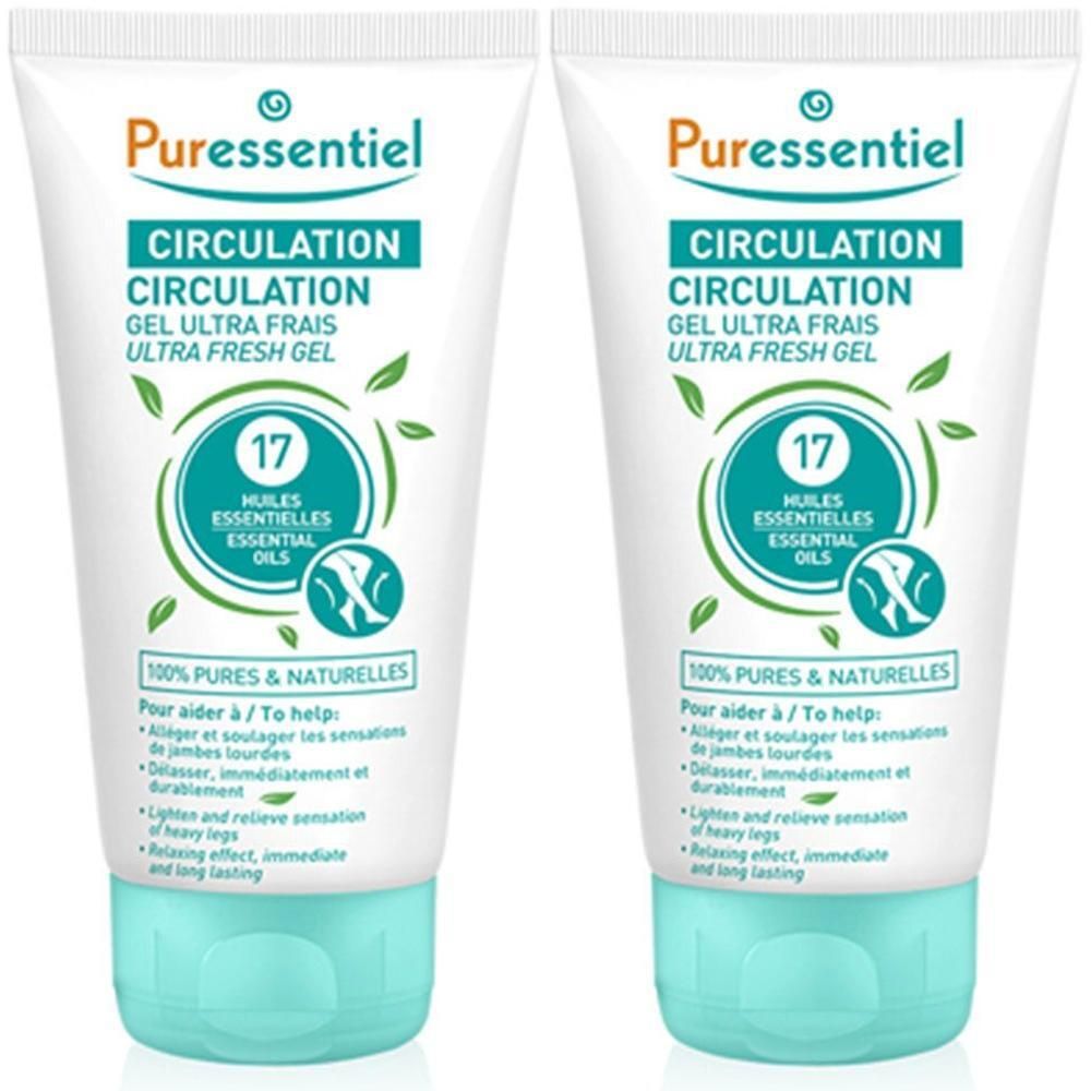 Zwei Tuben Gel Ultra Fresh. Aufschrift: Circulation, 17 ätherische Öle. Grün-weiße Verpackung mit türkisfarbenem Verschluss.
