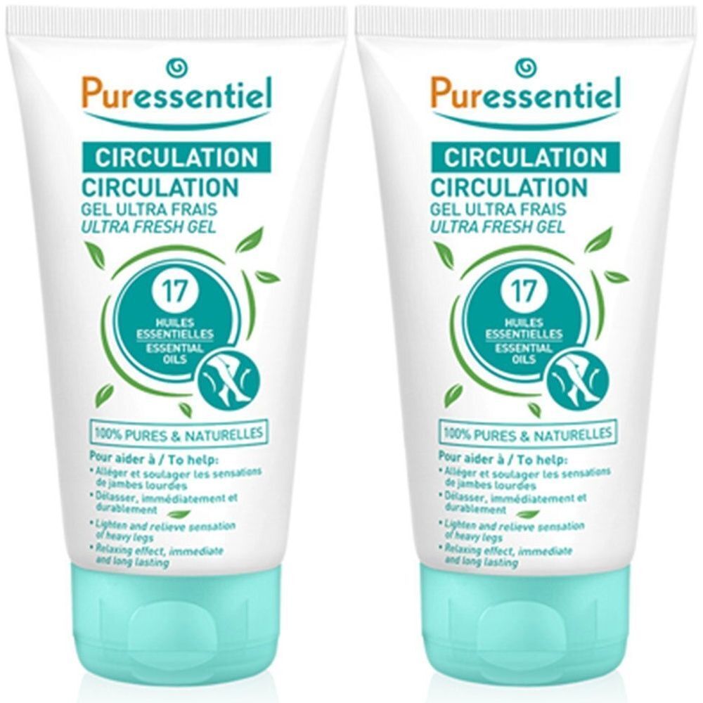 Deux tubes de gel Ultra Fresh. Inscription: Circulation, 17 huiles essentielles. Emballage vert et blanc avec bouchon turquoise.