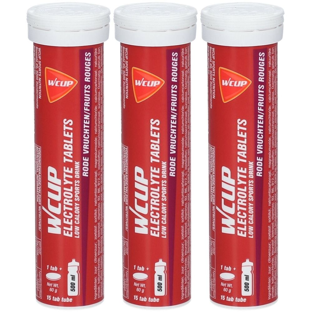 Drei rote Tuben mit weißen Deckeln. Aufschrift: WCUP Electrolyte Tablets, Rote Früchte. 15 Tabletten.