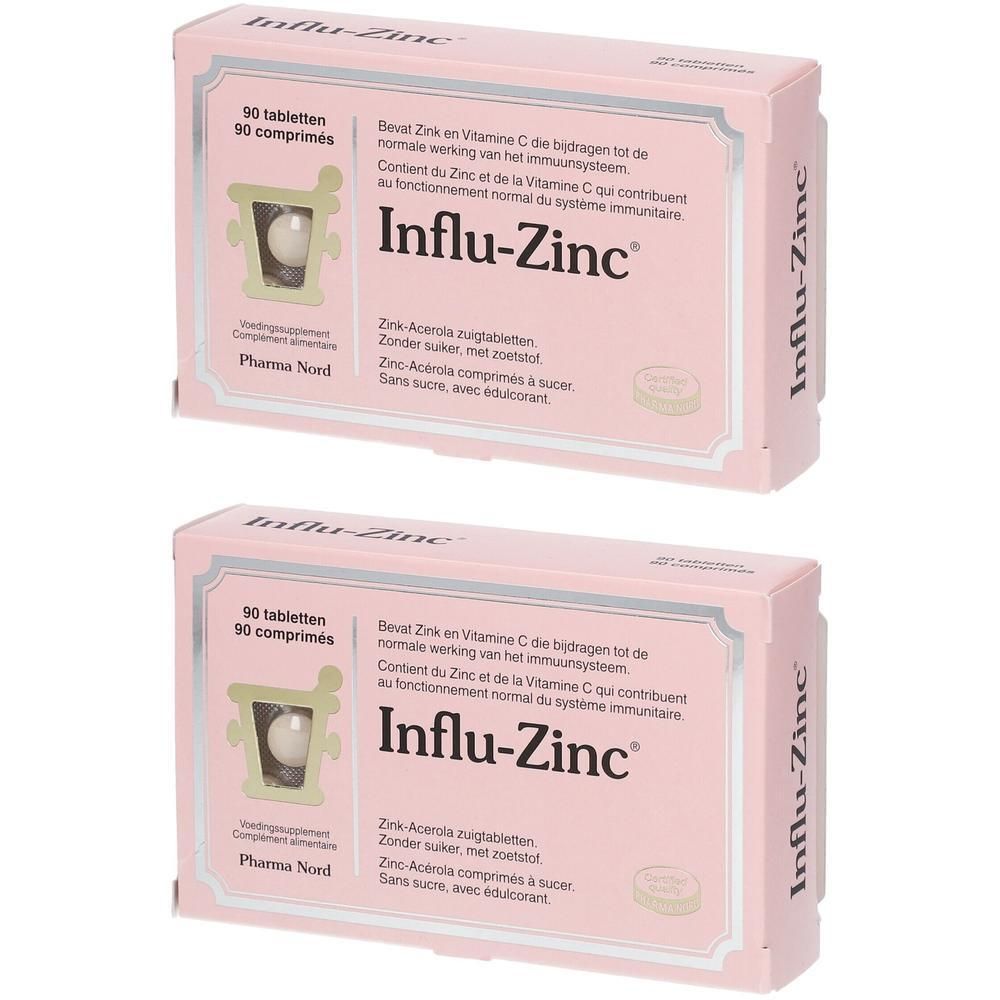 Zwei rosa Schachteln mit "Influ-Zinc"-Schriftzug. Jede Schachtel enthält 90 Tabletten. Sichtbar sind Tabletten in Blisterverpackung.