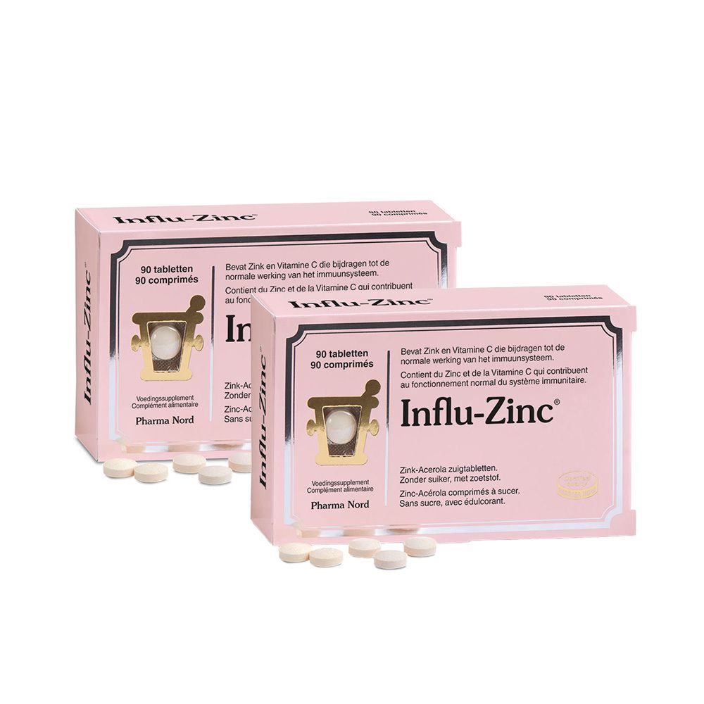 Deux boîtes roses avec le texte "Influ-Zinc". Comprimés devant les boîtes. "90 comprimés" sur chaque boîte.