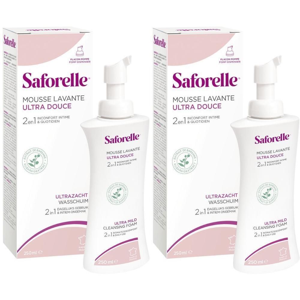 Zwei Saforelle Reinigungsschaum-Flaschen und Verpackungen. Rosa-weiße Verpackung, Flasche mit Pumpe. Text: Ultra mild.