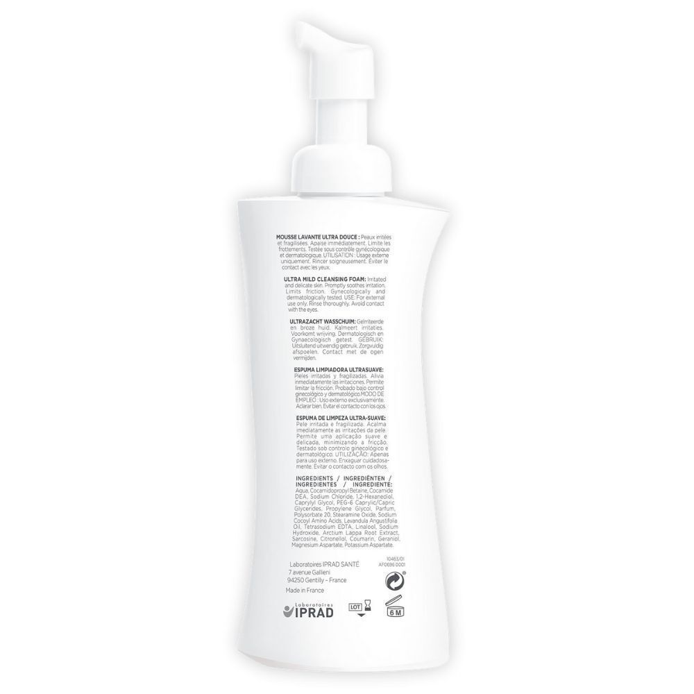 Rückseite einer Saforelle Reinigungsschaum-Flasche. Text: Inhaltsstoffe, Herstellerinformationen, Logos.