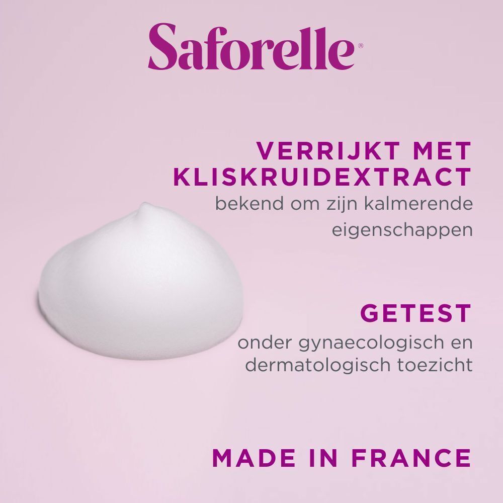 Schaum von Saforelle. Text: Mit Klettenextrakt, getestet unter gynäkologischer Aufsicht. Made in France.