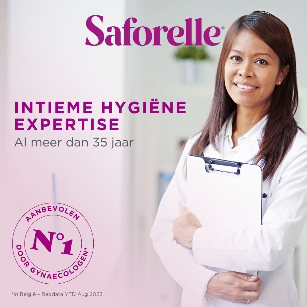 Frau mit weißem Kittel hält Klemmbrett. Text: Intime Hygiene Expertise, empfohlen von Gynäkologen.