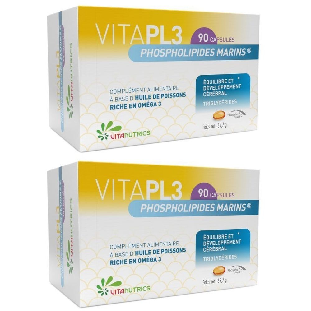 Zwei Schachteln VitaPL3, 90 Kapseln, Phospholipides Marins. Ergänzungsmittel auf Fischölbasis, reich an Omega 3. Marke: Vitanutrics.