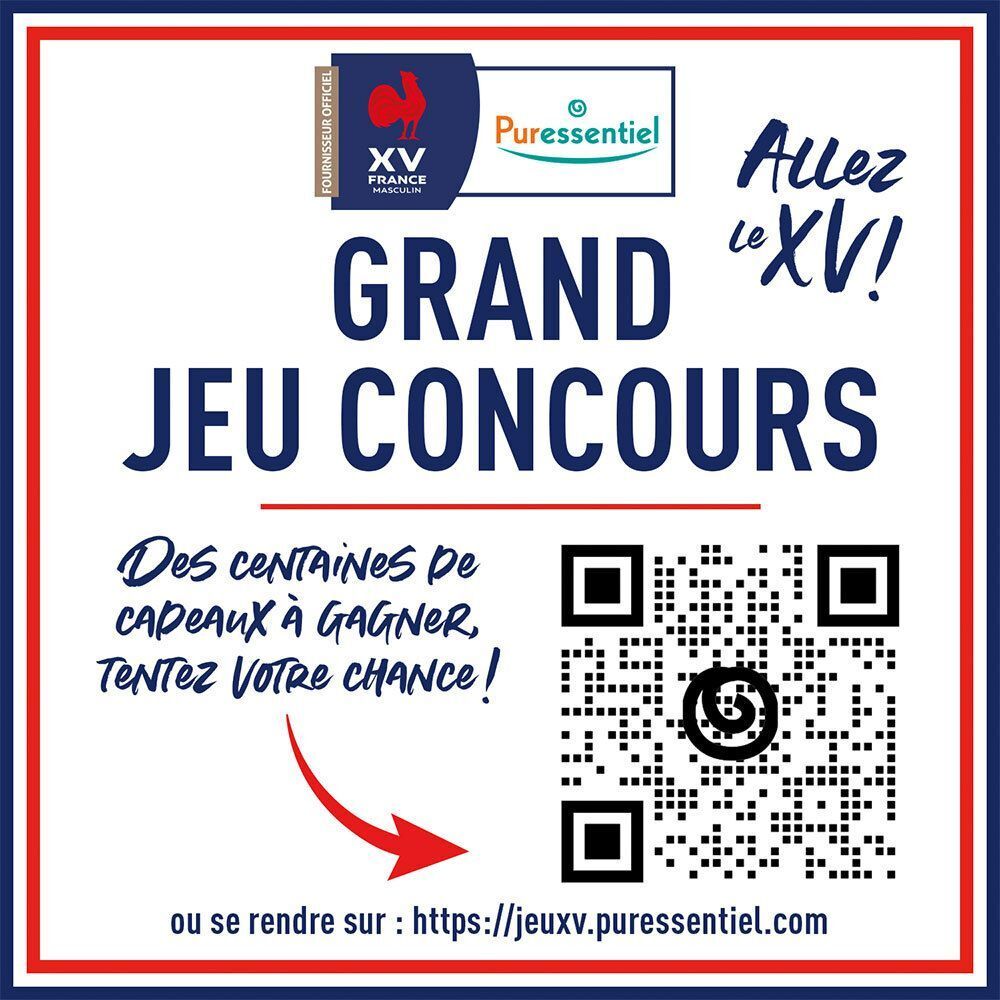 Werbeplakat mit QR-Code und Text. Logo: Puressentiel. Text: Grand Jeu Concours. Allez le XV!