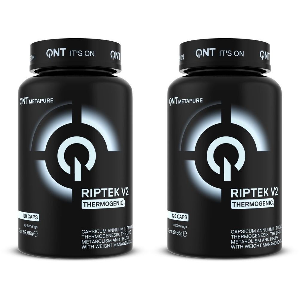 Zwei schwarze Flaschen mit weißer Schrift. Aufschrift: QNT, Riptek V2, Thermogenic. Kapseln. Aufschrift: Metapure.
