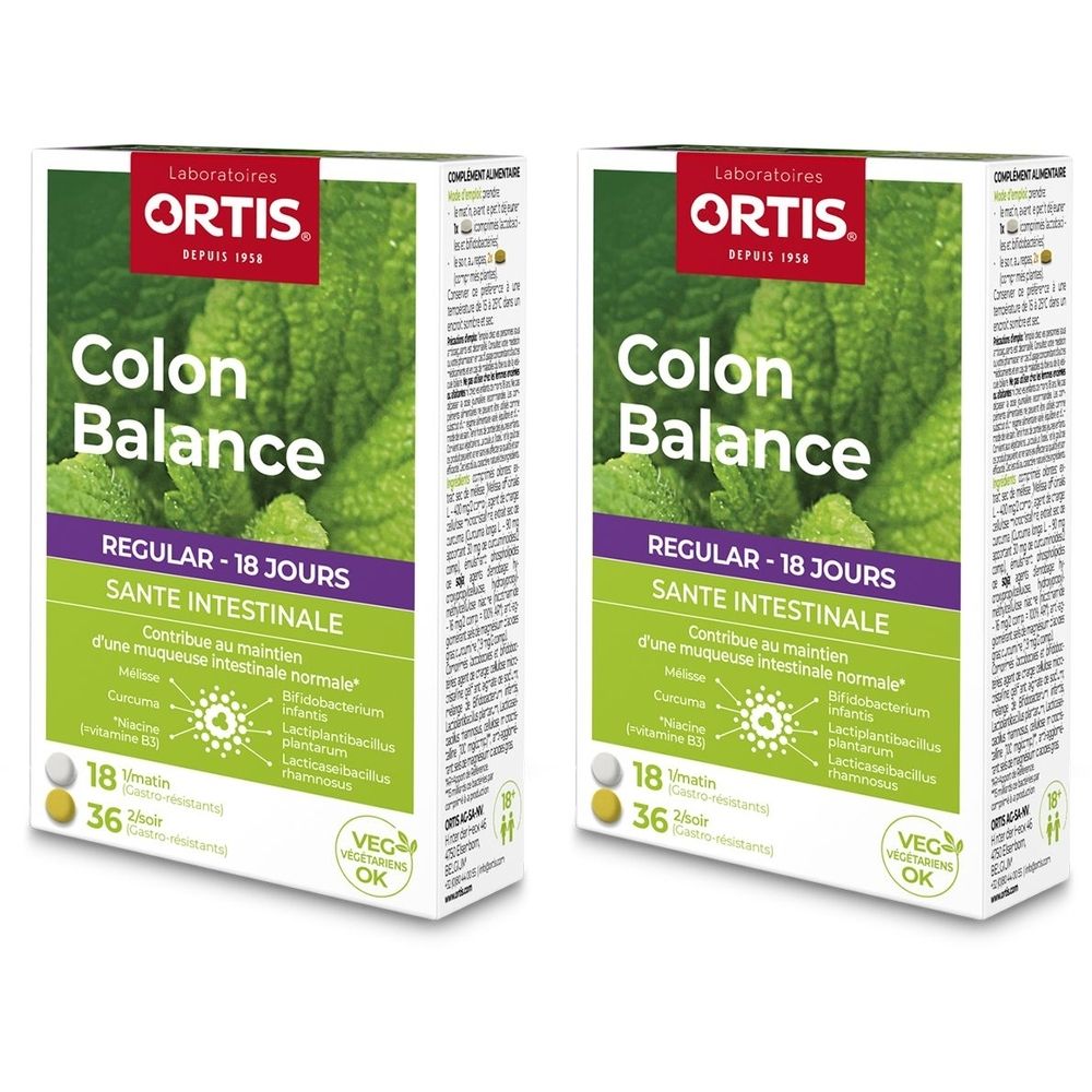 Deux boîtes de "Colon Balance". Emballage vert et blanc avec logo et texte. Contient 18 comprimés. Vegan OK.