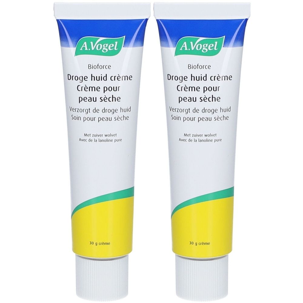 Deux tubes de crème A. Vogel Bioforce. Tubes blancs avec texte bleu et jaune. Texte: "Drogue huid crème".