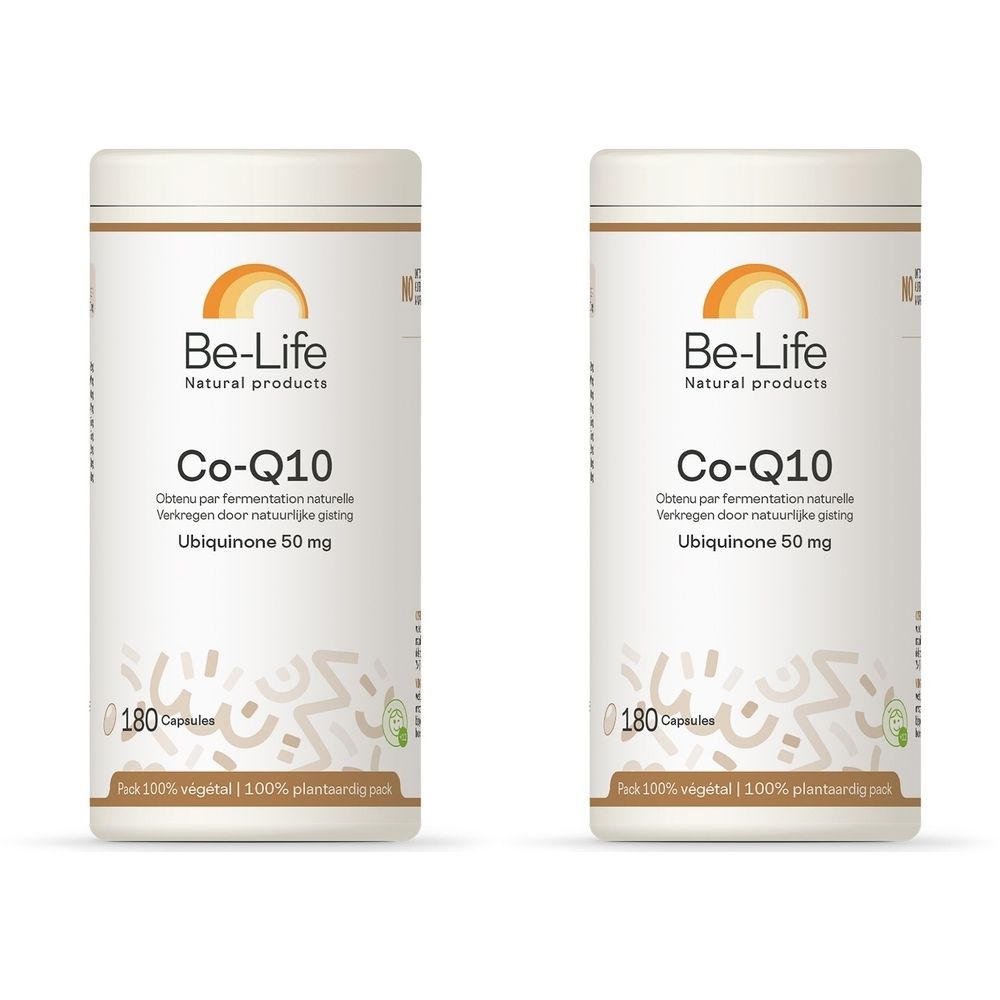 Zwei weiße zylindrische Behälter mit Etiketten. Aufschrift: Be-Life, Co-Q10, Ubiquinon 50 mg, 180 Kapseln. Natürliche Produkte.