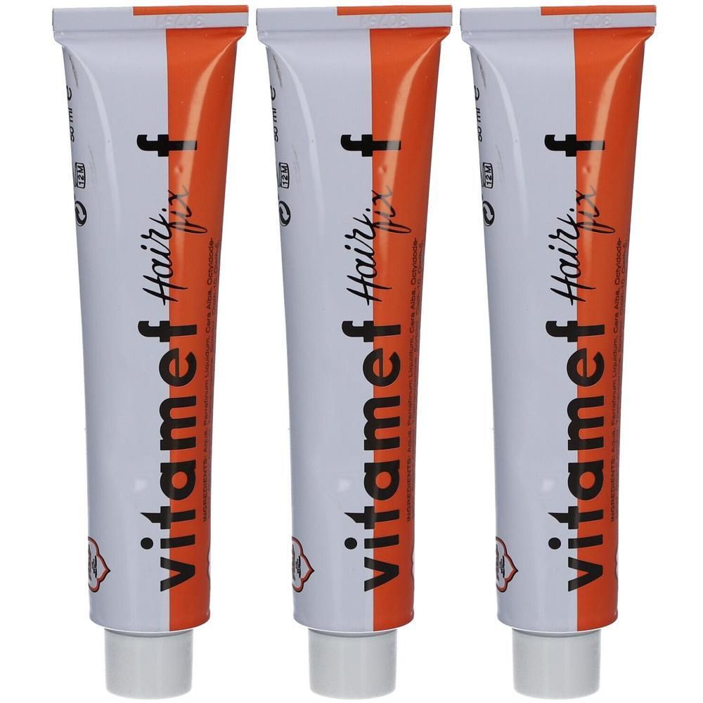 Drei Tuben Vitamef Hairfix. Weiße Tuben mit orangefarbenen Akzenten und schwarzer Schrift. Produktname deutlich sichtbar.