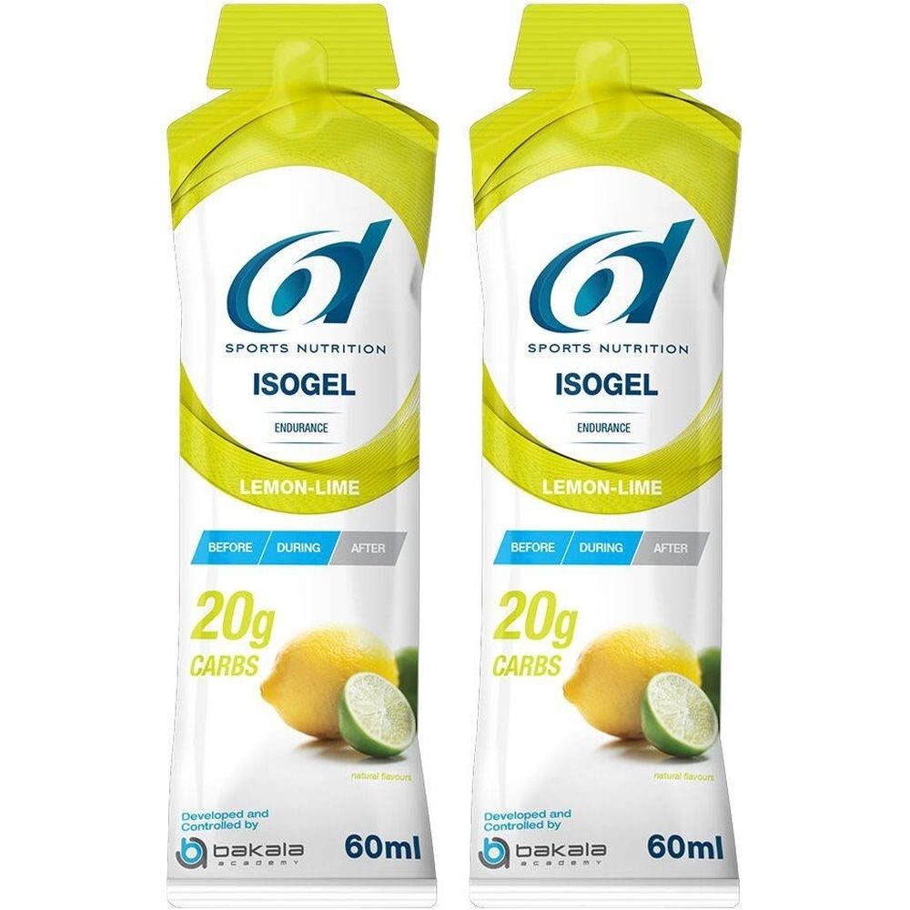 Deux sachets de 6D Sports Nutrition ISOGEL. Design jaune et blanc avec logo, nom du produit, citron et citron vert. 60ml.