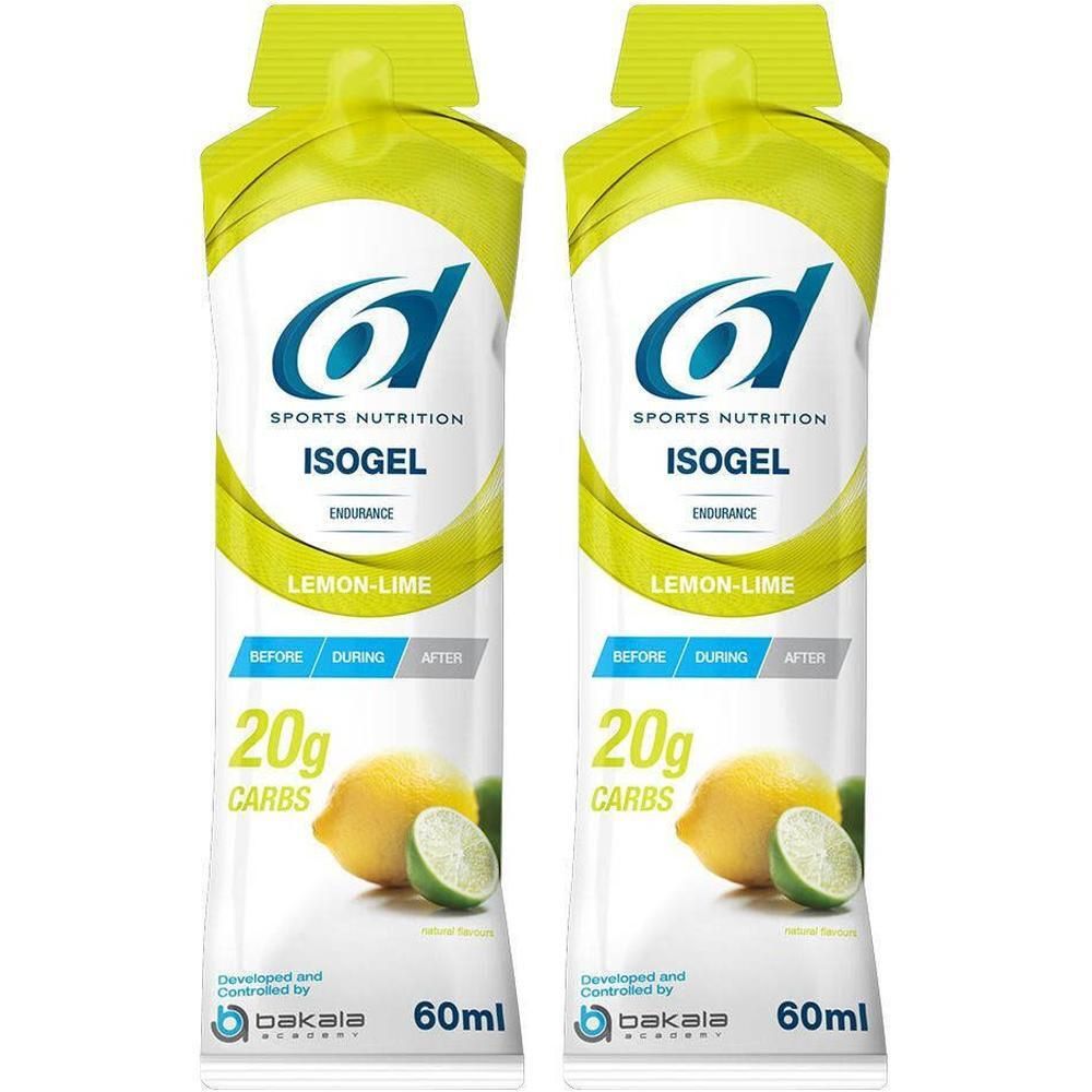 Zwei Beutel 6D Sports Nutrition ISOGEL. Gelb-weißes Design mit Logo, Produktname, Zitrone und Limette. 60ml.