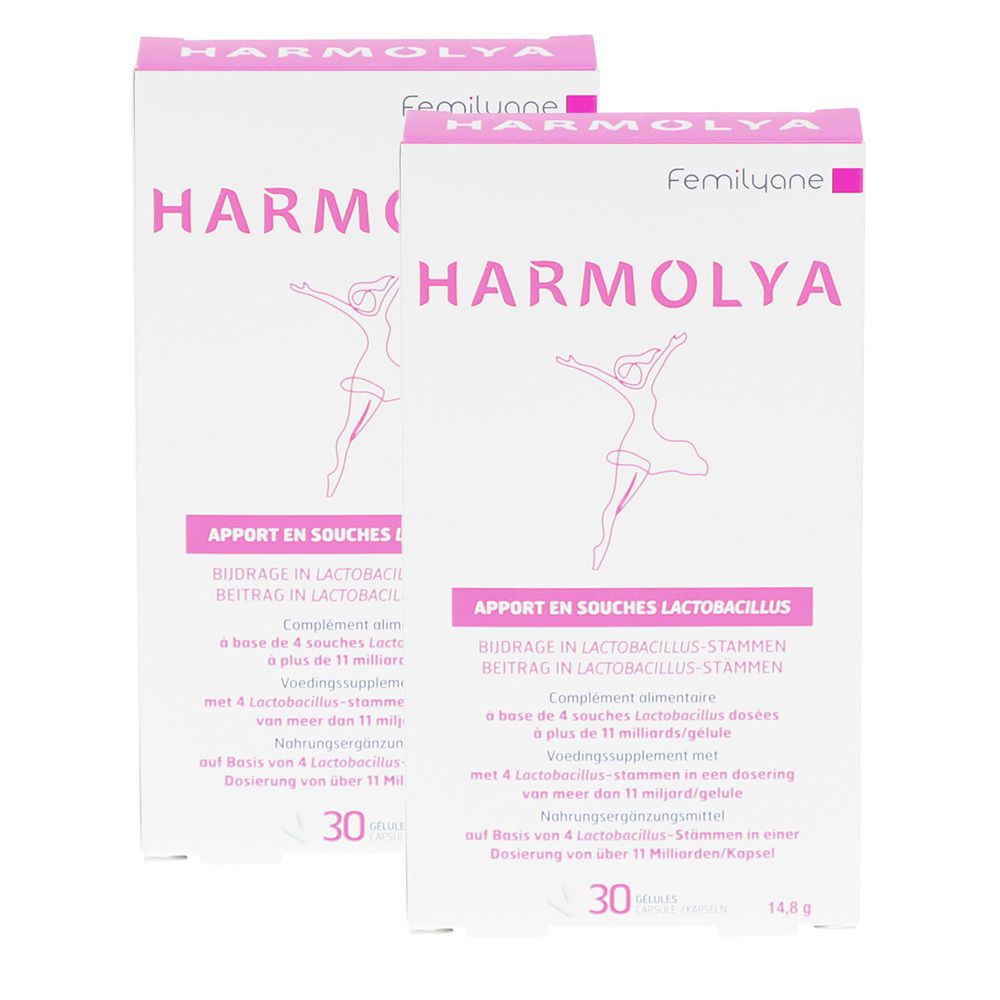Deux boîtes Femilyane Harmolya. Boîtes blanches avec texte rose et illustration féminine. Texte: "Apport en souches Lactobacillus".