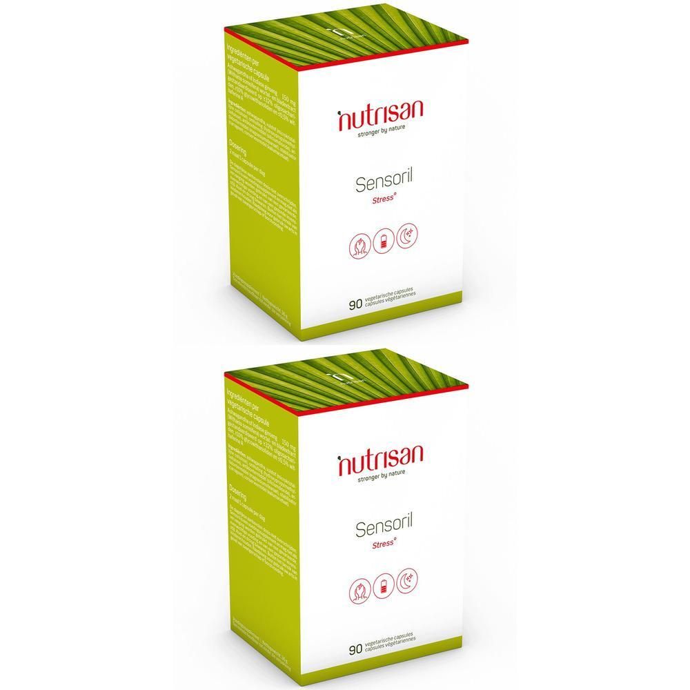 Zwei weiße Kartons mit grünen Akzenten. Aufschrift: Nutrisan Sensoril Stress*. 90 Kapseln. Rote Icons.