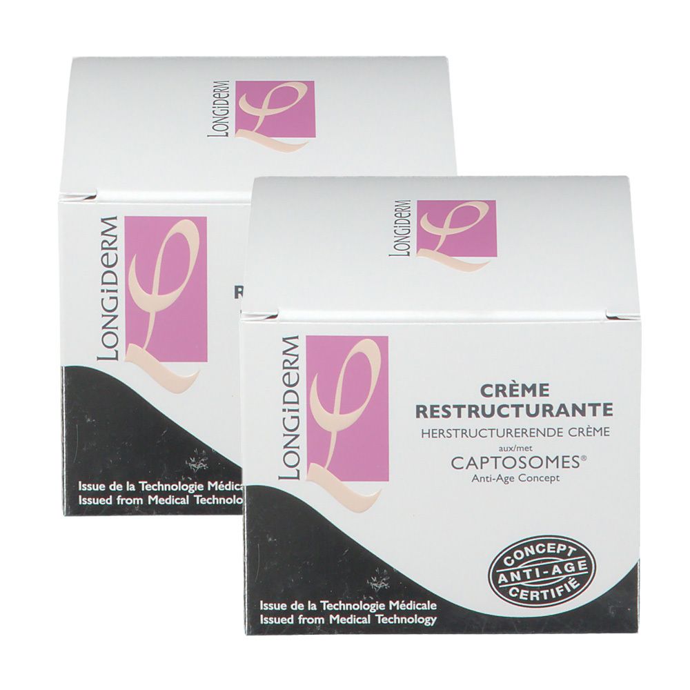 Deux boîtes carrées. Inscription: Longiderm, Crème Restructurante, CAPTOSOMES, Anti-Age Concept. Logo de certification.