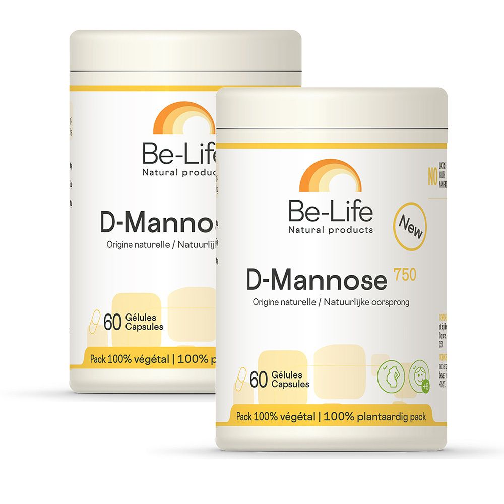Boîte blanche avec couvercle jaune. Inscription: Be-Life D-Mannose 750. 60 gélules. Pack 100% végétal. Seconde boîte en arrière-plan.