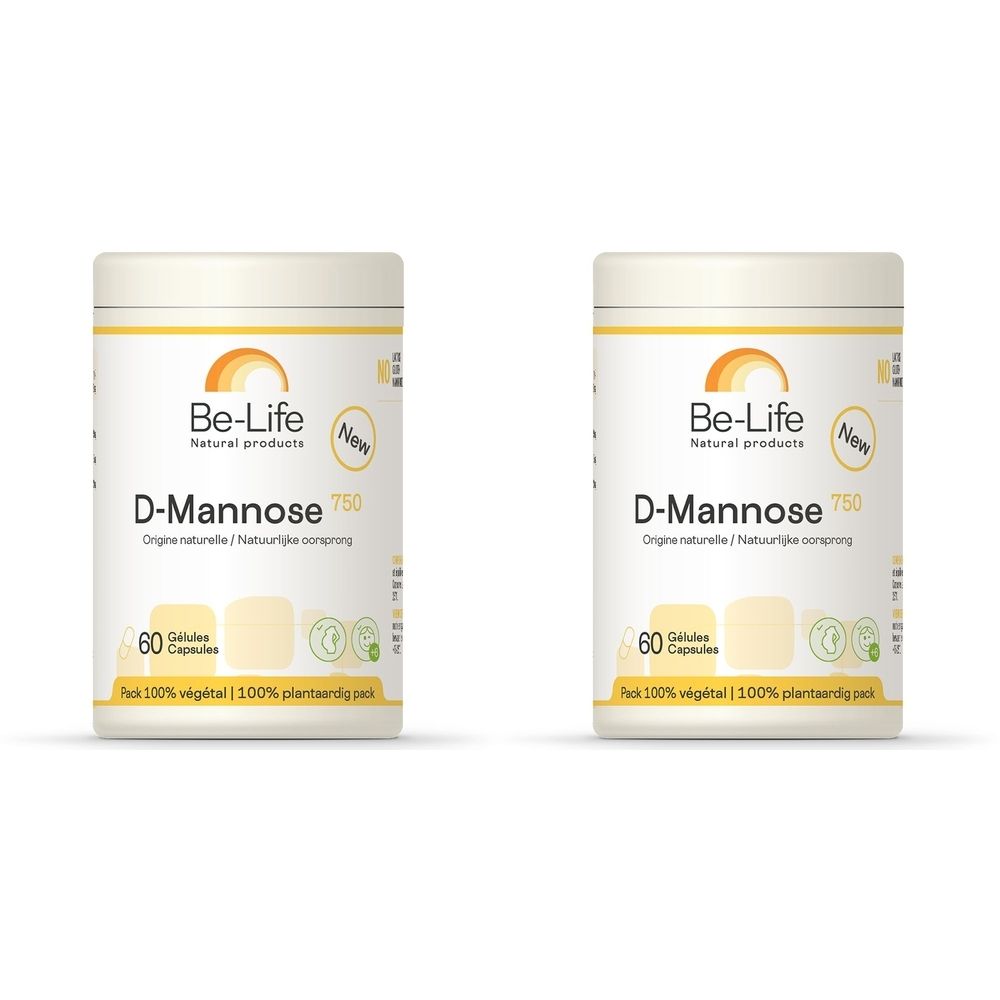 Deux boîtes blanches avec couvercles jaunes. Inscription: Be-Life D-Mannose 750. 60 gélules. Pack 100% végétal.