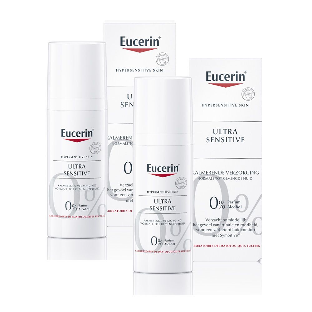 Mehrere weiße Flaschen und Kartons von Eucerin Ultra Sensitive. Aufschrift: 0% Alkohol.