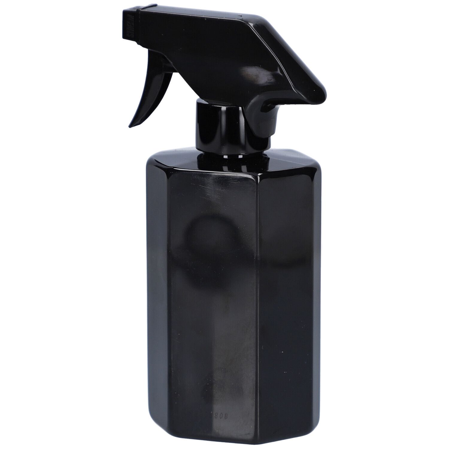 Schwarze Sprühflasche mit Sprühkopf. Keine weiteren Details sichtbar.