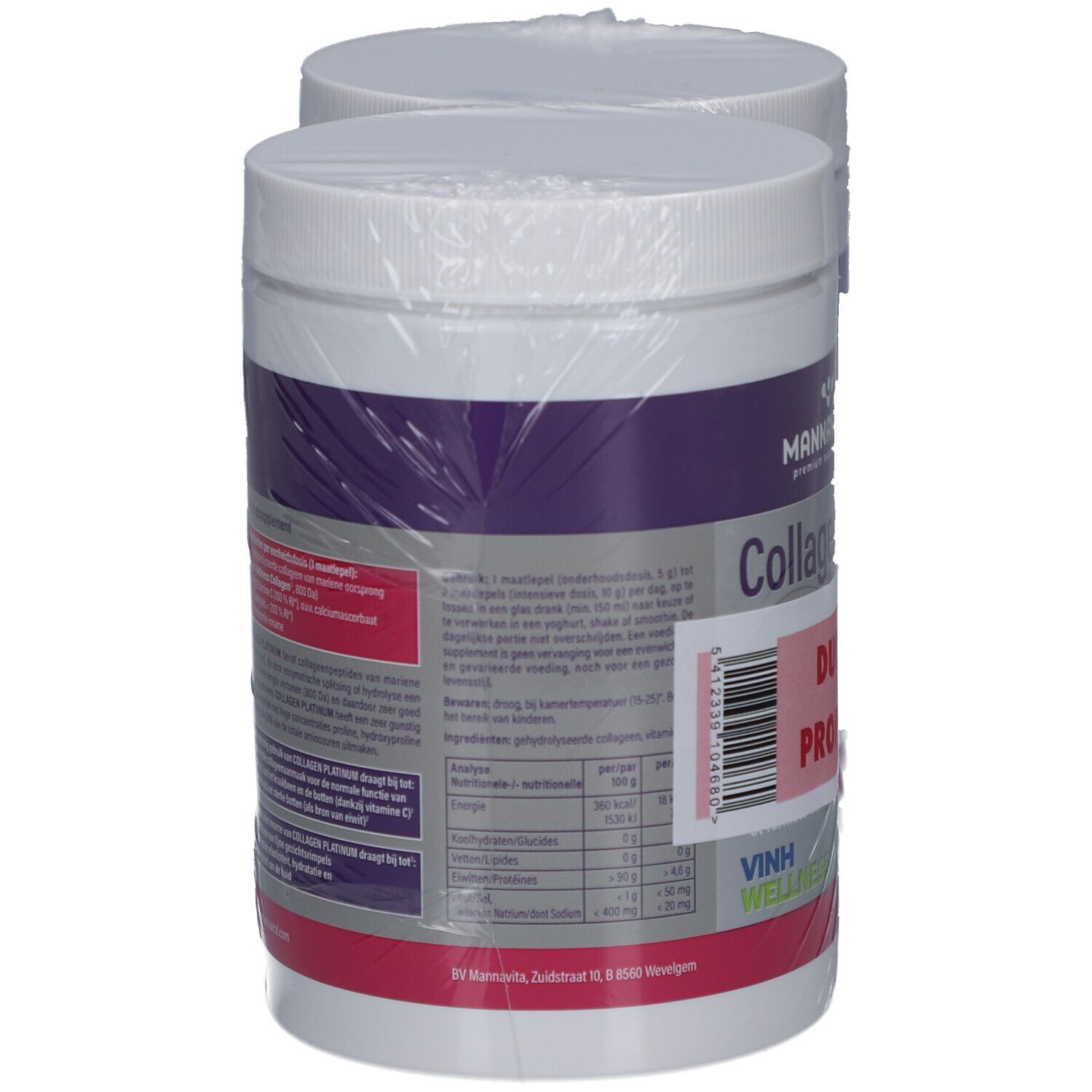 Deux boîtes blanches Mannavital Collagen Platinum, emballées dans du film plastique. Dos avec informations produit et autocollant Duo Promo.
