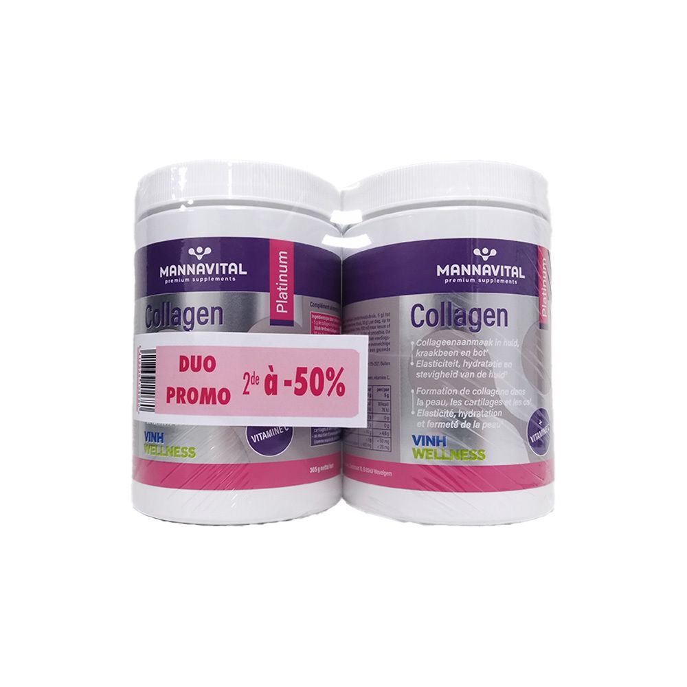 Deux boîtes blanches Mannavital Collagen Platinum, emballées dans du film plastique. Autocollant Duo Promo avec -50 % de réduction.
