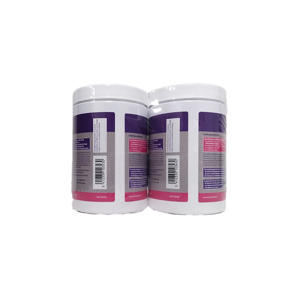 Deux boîtes blanches Mannavital Collagen Platinum avec étiquettes violettes et roses. Autocollant Duo Promo avec -50 % de réduction.