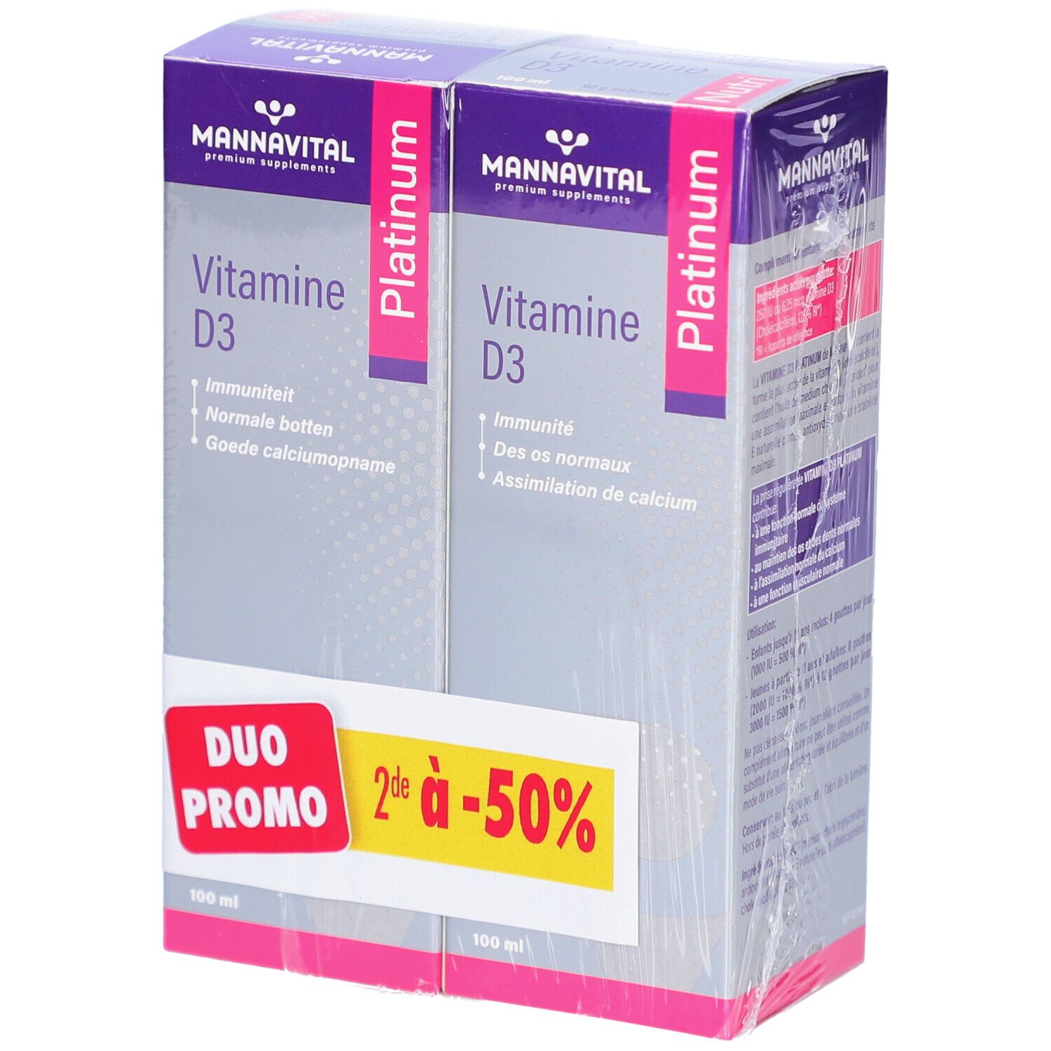 Pack de deux boîtes de Vitamine D3. Emballage blanc et violet. Autocollant Duo Promo avec réduction de 50%.