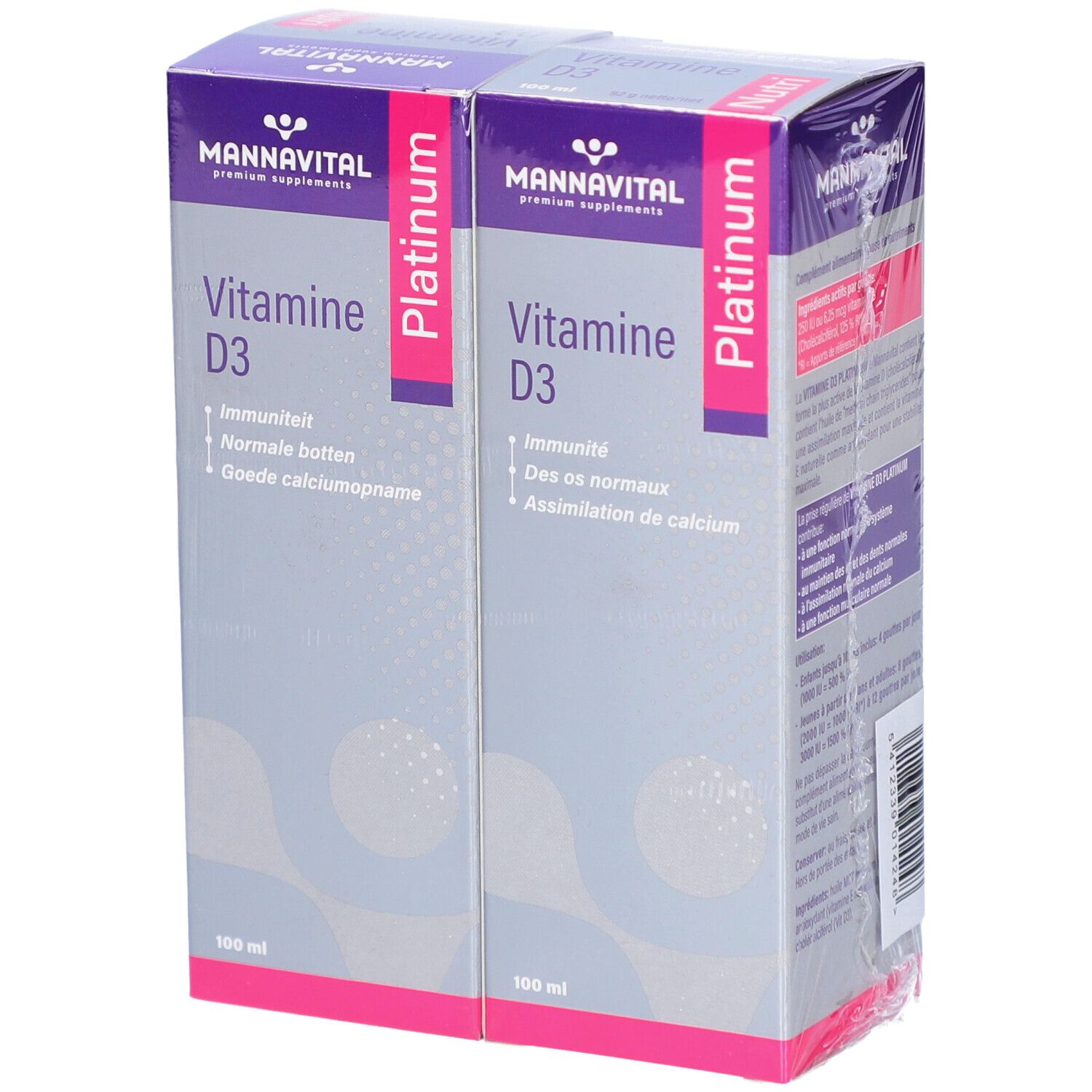 Pack de deux boîtes de Vitamine D3. Emballage blanc et violet. Autocollant Duo Promo avec réduction.