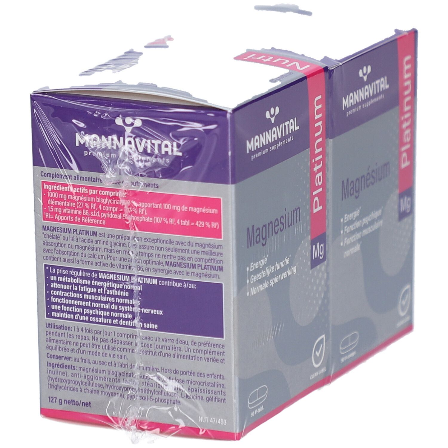 Vue arrière du duopack MannaVital Magnesium Platinum. Informations produit et un sceau sont visibles.