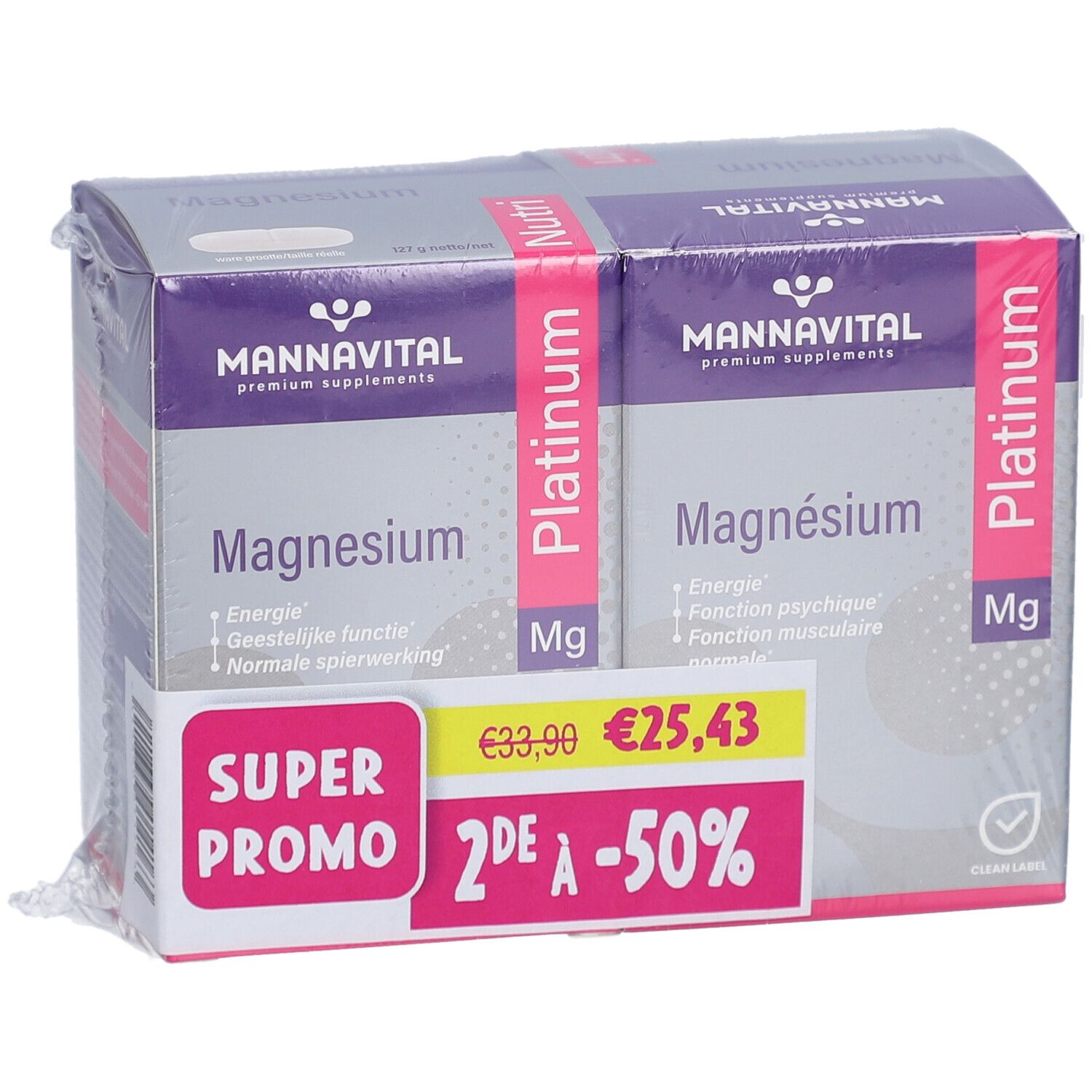 Duopack MannaVital Magnesium Platinum. Deux boîtes avec informations produit et autocollant Super Promo.