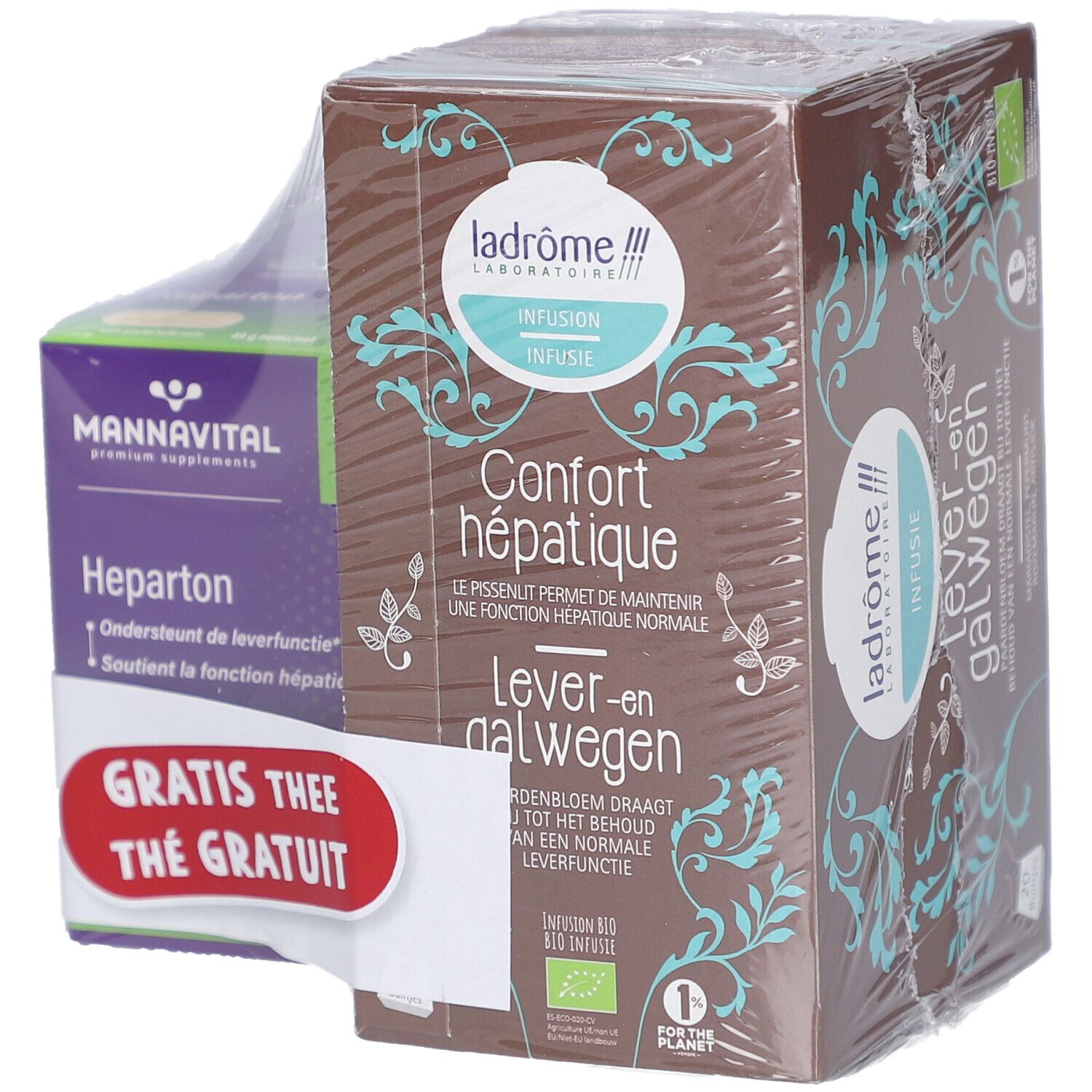 Emballage Mannavital Heparton et thé. Étiquette thé gratuit. Boîtes marron et violet, emballées sous film.