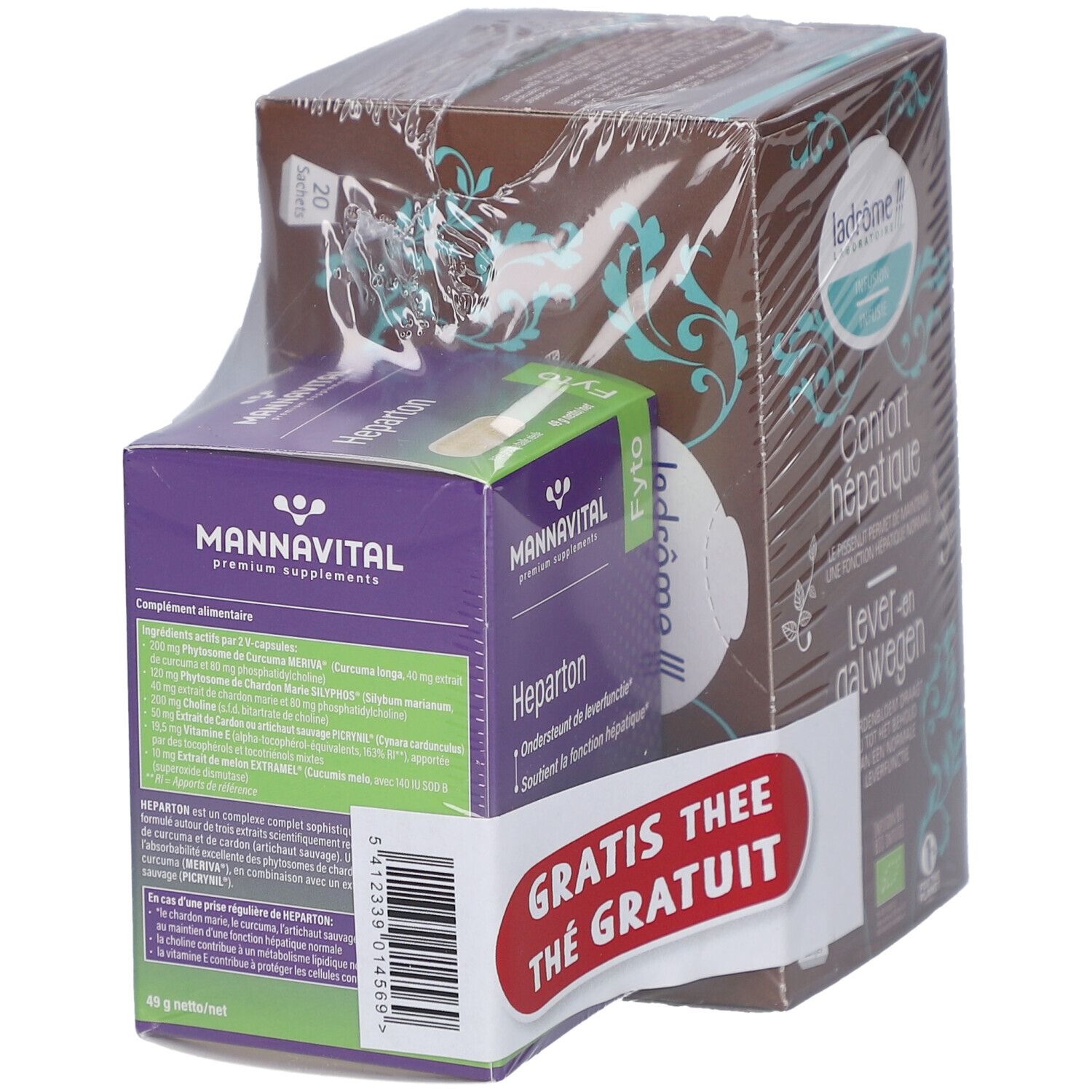 Emballage Mannavital Heparton et thé. Étiquette thé gratuit. Boîtes marron et violet, emballées sous film.