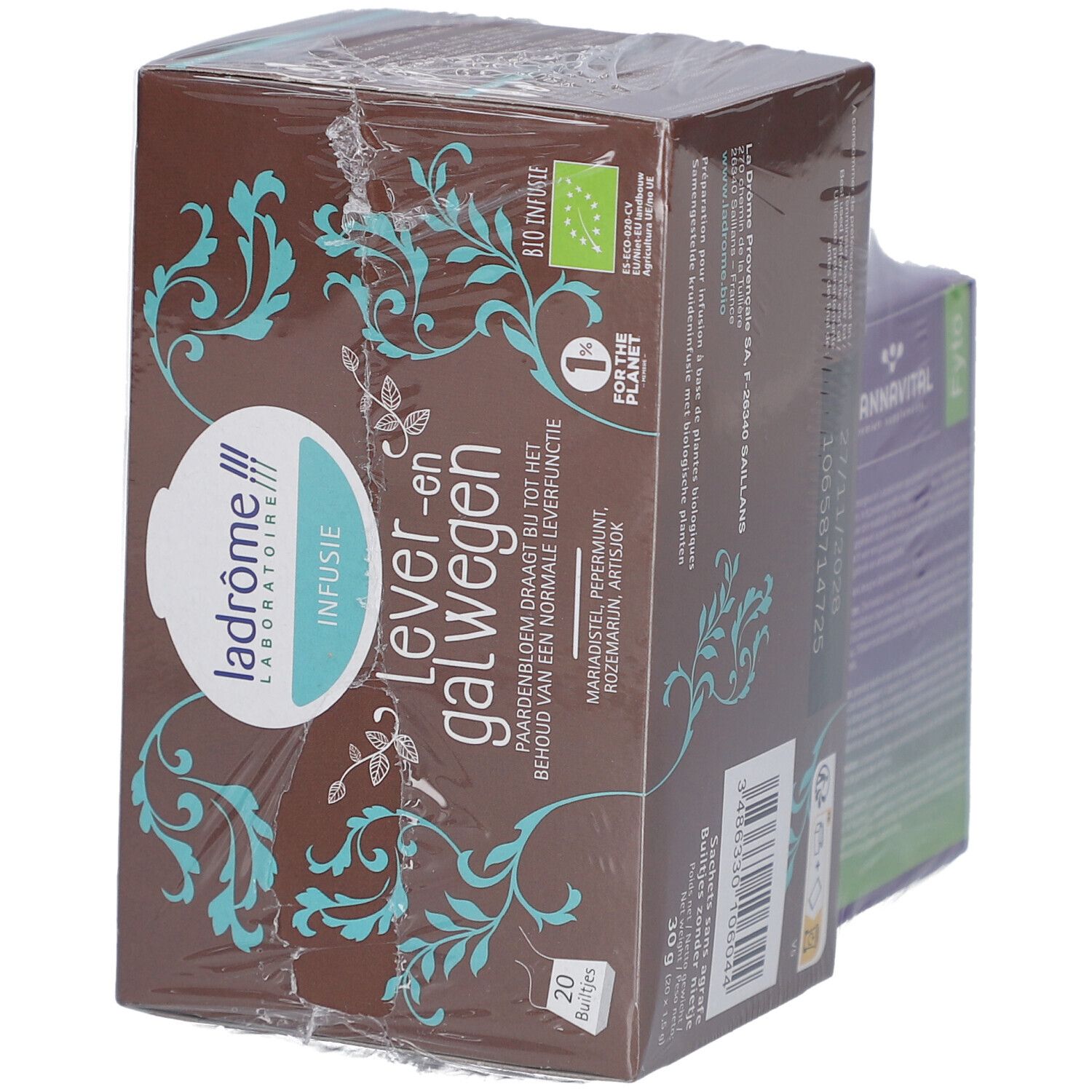 Emballage thé et Mannavital Heparton. Boîtes marron et violet, emballées sous film. 20 sachets de thé.