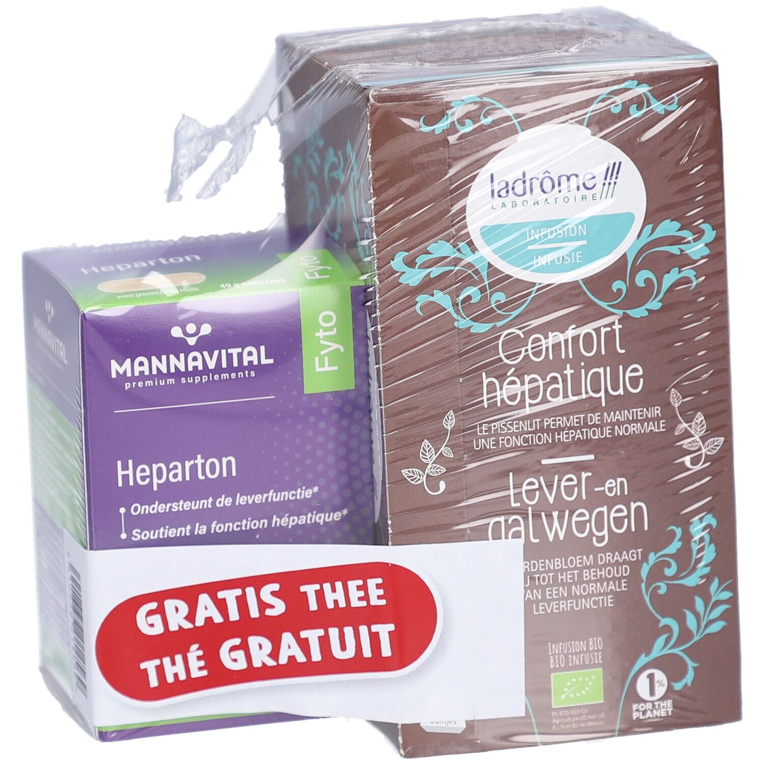 Emballage Mannavital Heparton et thé. Étiquette thé gratuit. Boîtes marron et violet, emballées sous film.