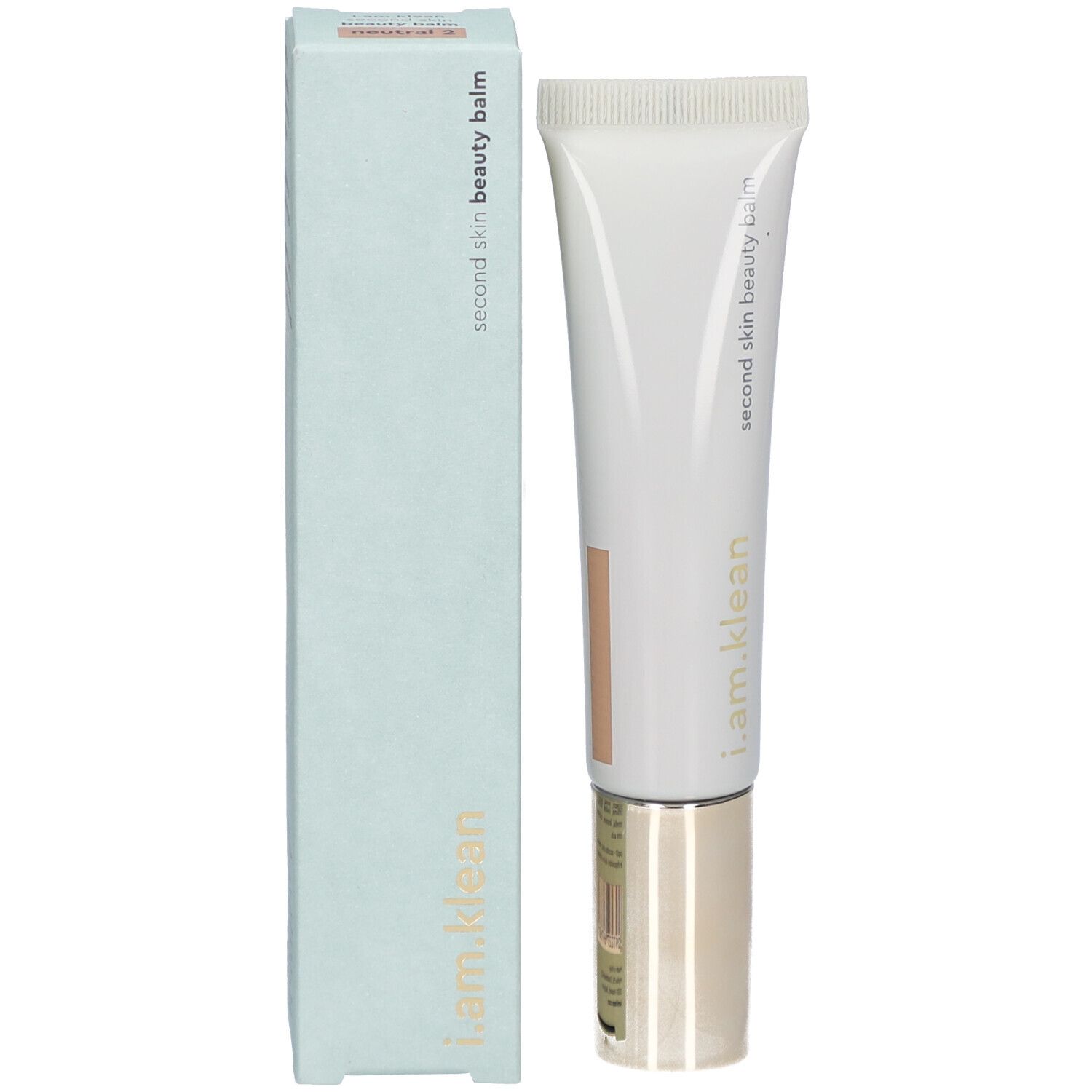 Produktverpackung und Creme-Tube. Aufschrift: i.am.klean, second skin beauty balm.