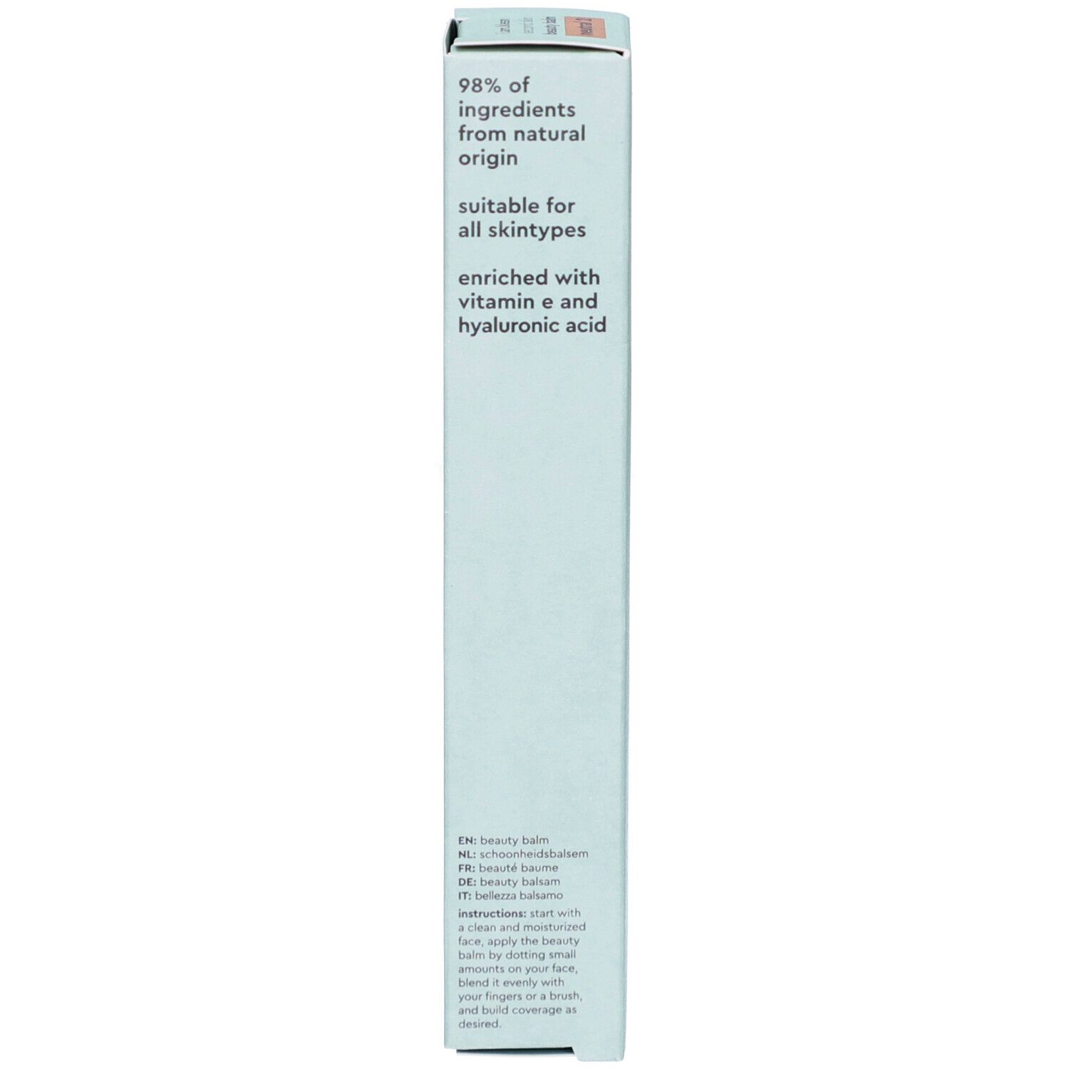 Verpackung mit Text: 98% Inhaltsstoffe natürlichen Ursprungs, geeignet für alle Hauttypen.