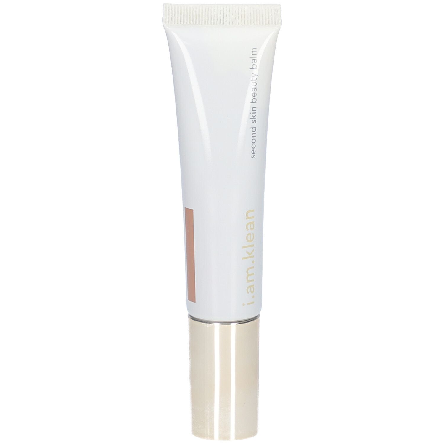 Weiße Tube mit Aufschrift i.am.klean und Second Skin Beauty Balm. Farbblock. Goldfarbener Schraubverschluss.