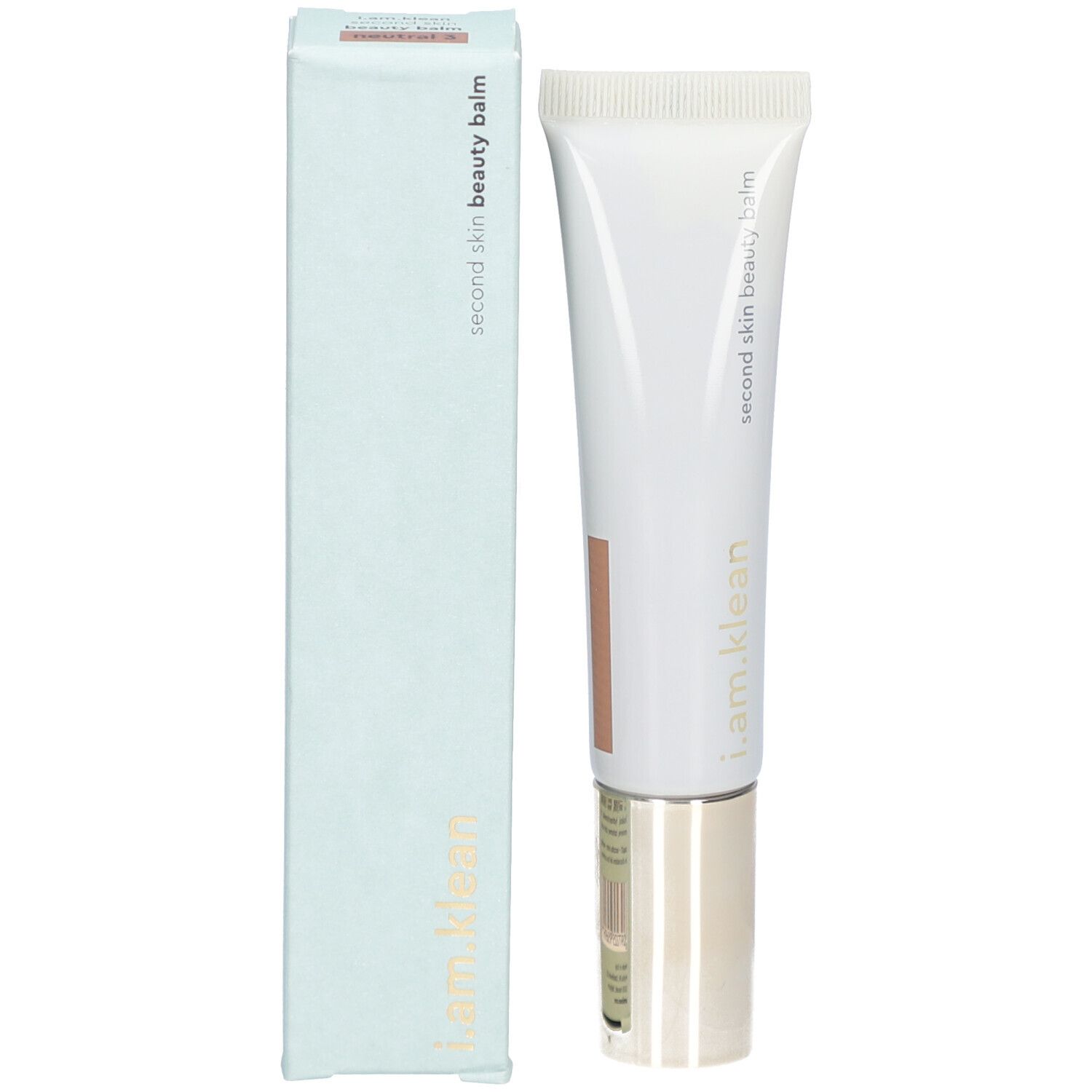 Produkt und Verpackung. Weiße Tube mit Aufschrift i.am.klean und Second Skin Beauty Balm. Hellblaue Schachtel.