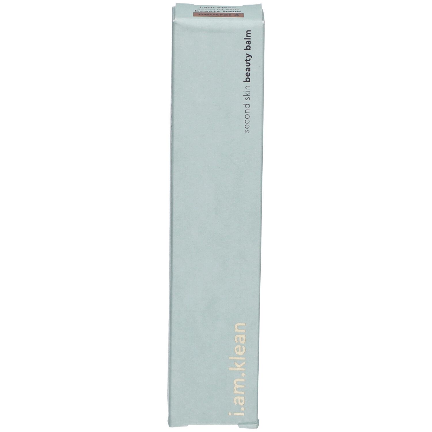 Hellblaue Schachtel mit Aufschrift i.am.klean und Second Skin Beauty Balm. Vertikale Ansicht.
