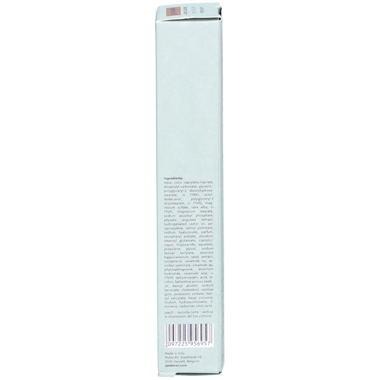 Hellblaue Schachtel mit Inhaltsstoffliste und Barcode. Vertikale Ansicht. Hergestellt in Belgien.