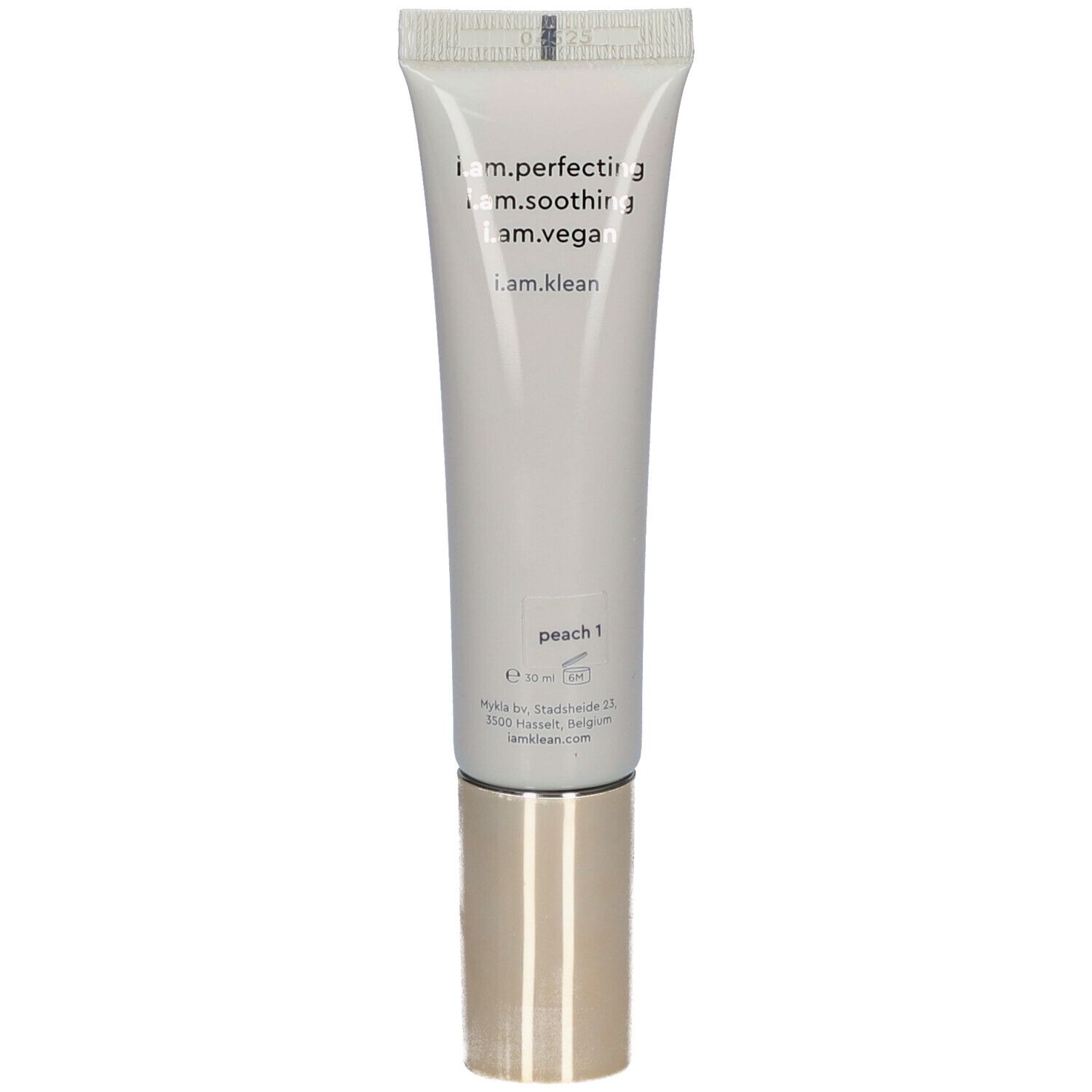 Rückseite einer Creme-Tube. Aufschrift: i.am.klean, peach 1, Inhaltsstoffe, E 30 ml.