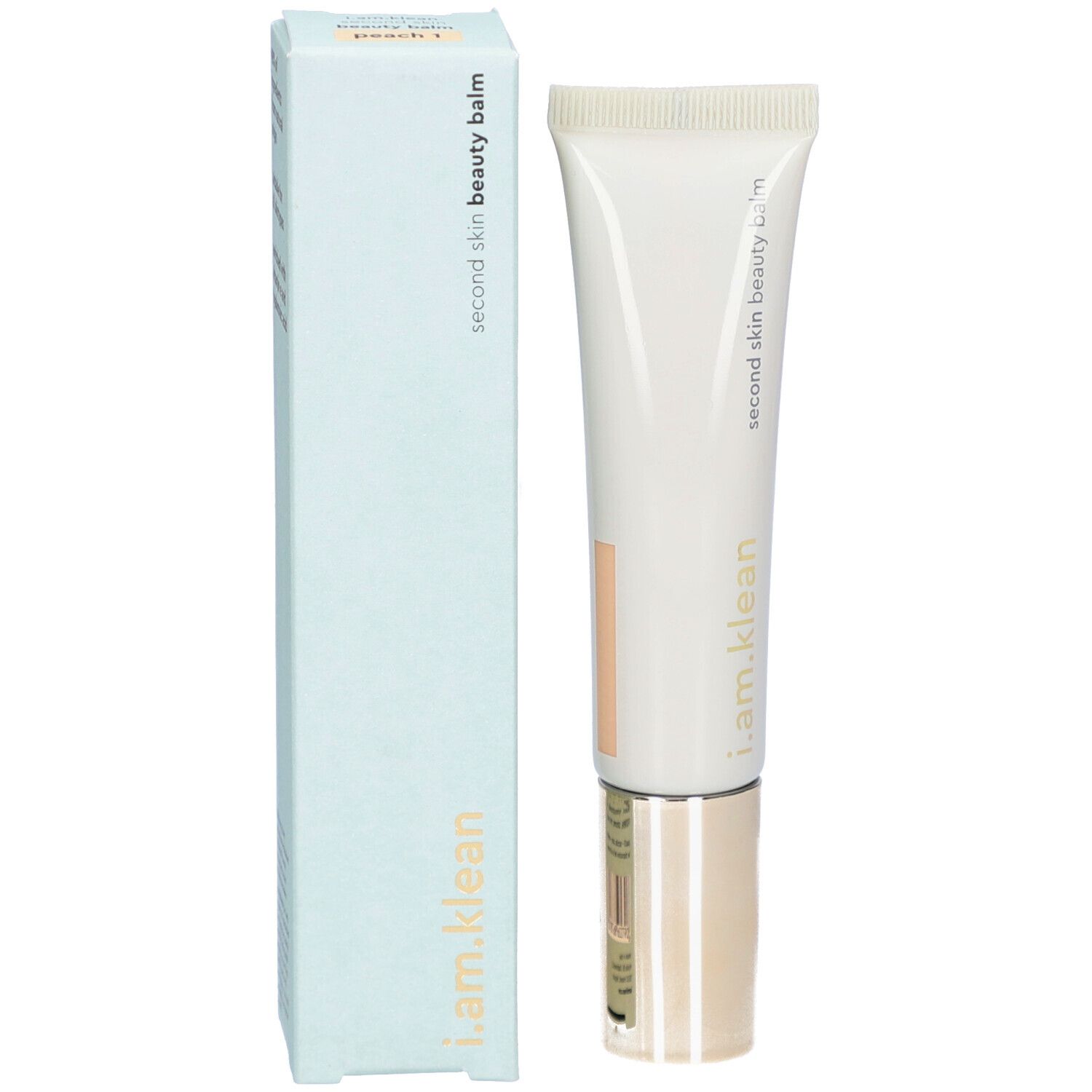 Produkt und Verpackung. Tube und Schachtel. Aufschrift: i.am.klean, second skin beauty balm, peach 1.