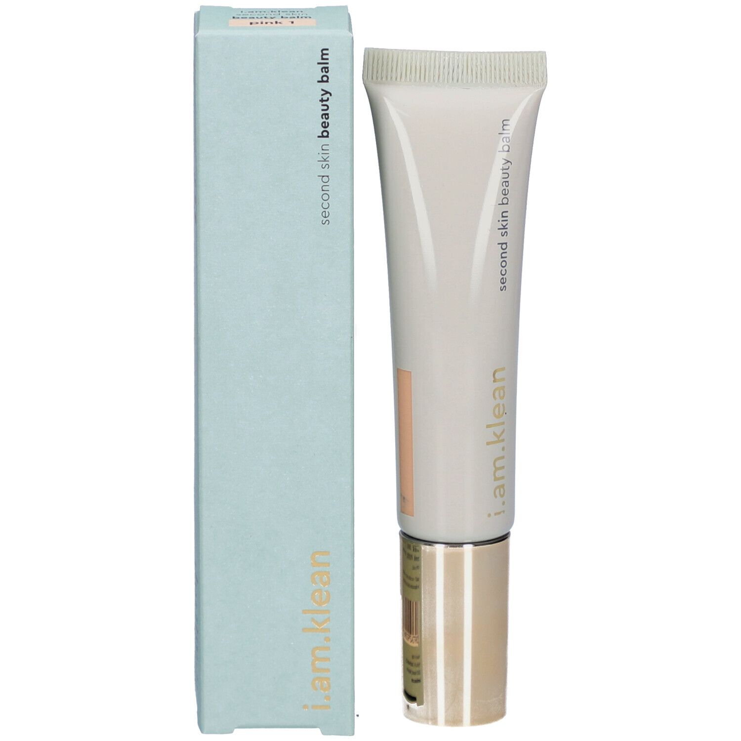 Produktverpackung und Tube. Aufschrift: i.am.klean, second skin beauty balm.