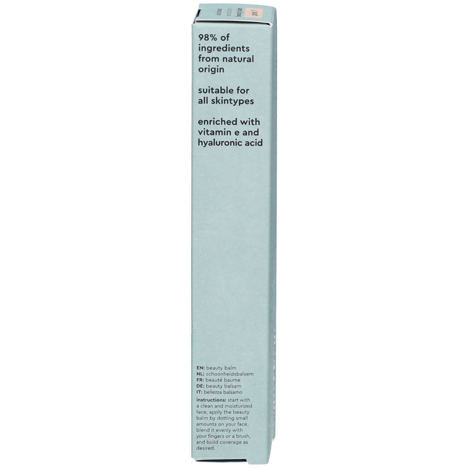 Produktverpackung. Aufschrift: 98% Inhaltsstoffe natürlichen Ursprungs, geeignet für alle Hauttypen.