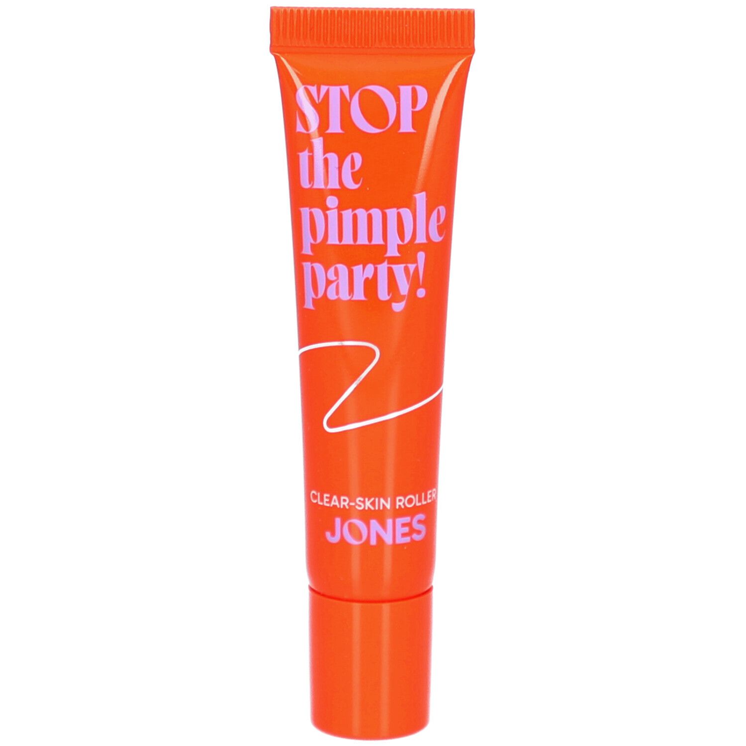 Orange Tube mit Aufschrift. Text: Stop the Pimple Party! Clear-Skin Roller. Marke: JONES.