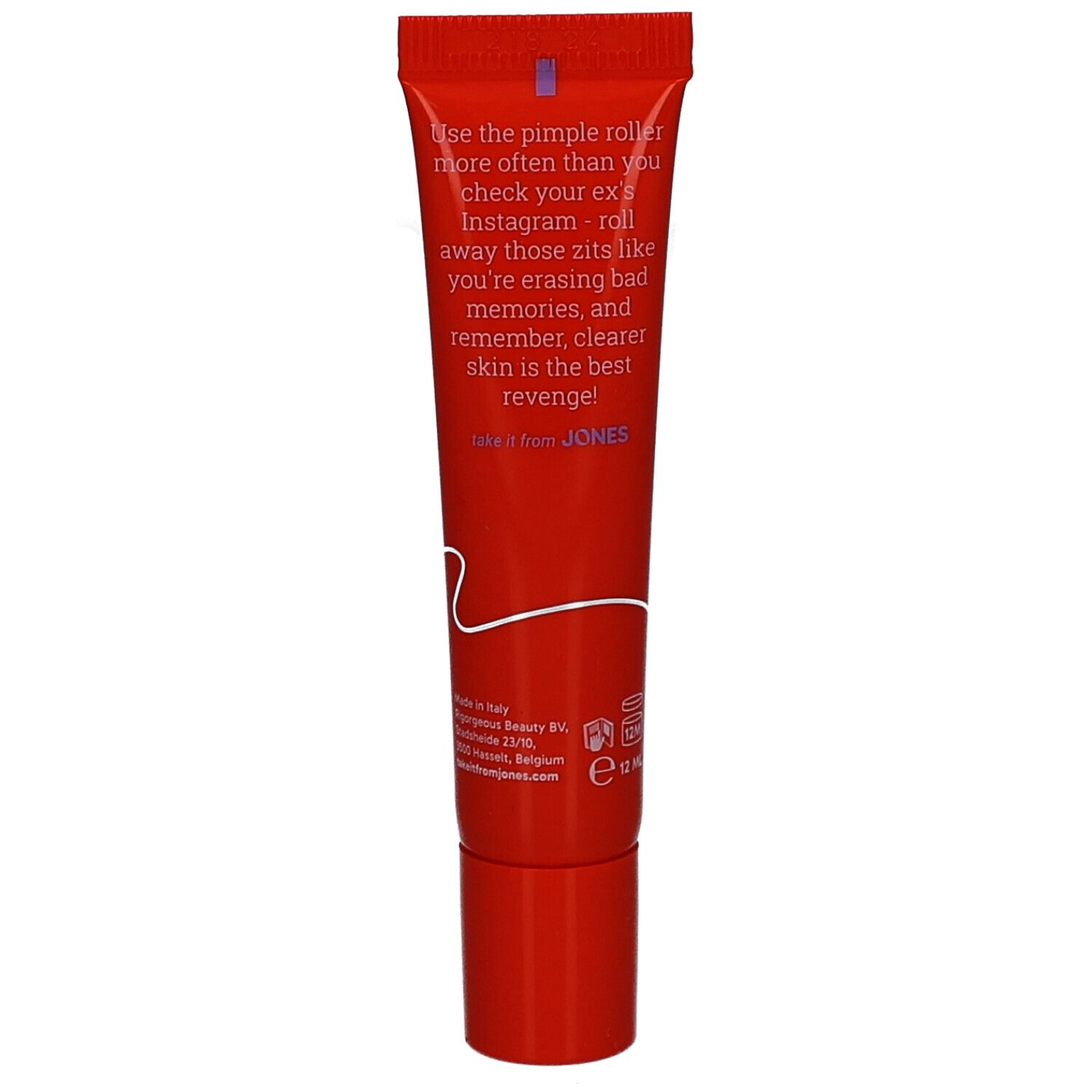 Rote Tube mit Text. Text: Use the pimple roller... Take it from JONES. E-Zeichen.